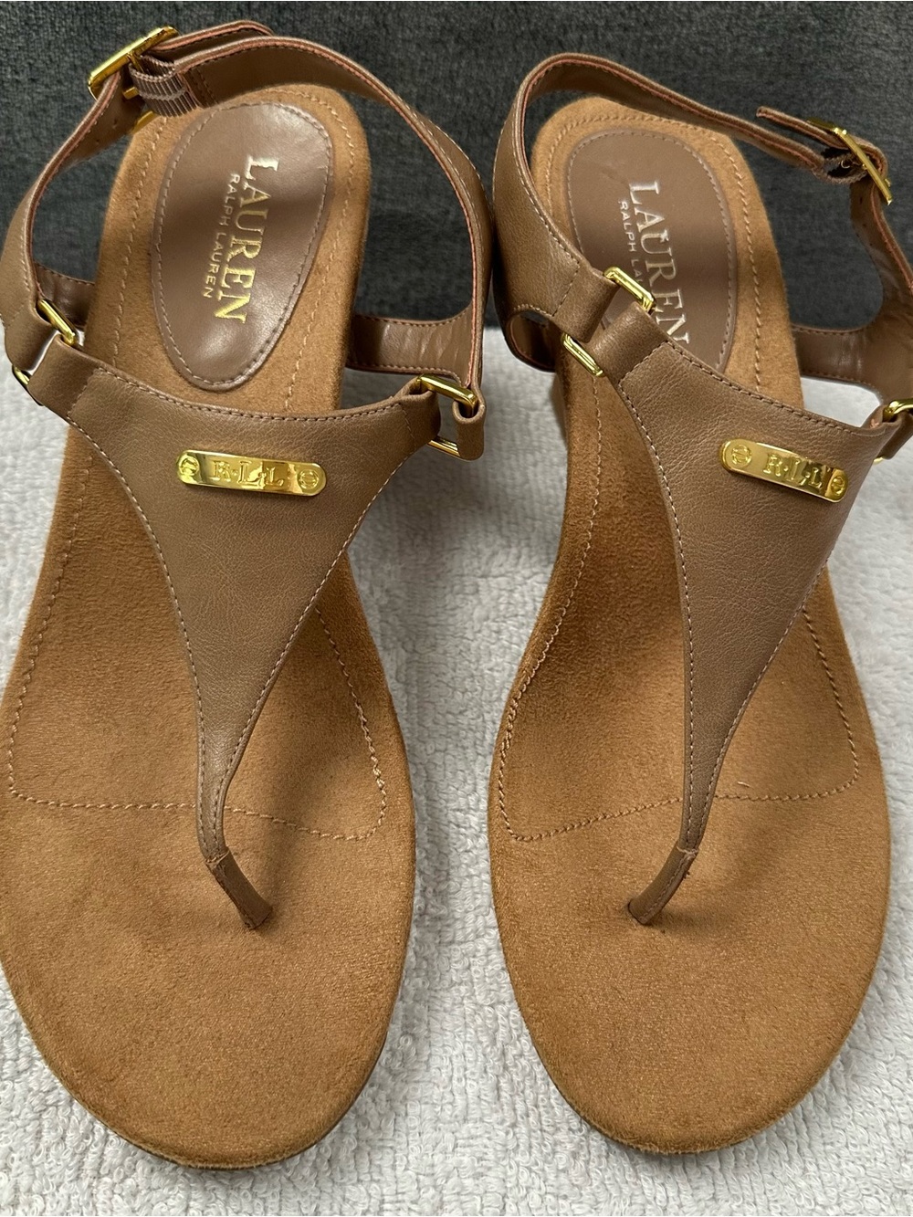 Lauren Ralph Lauren Brown T-Strap Sandals with Gold Accents